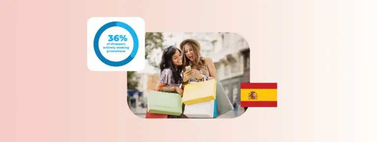 Image shows two woman shopping next to a spanish flag and a data bubble showing 36%