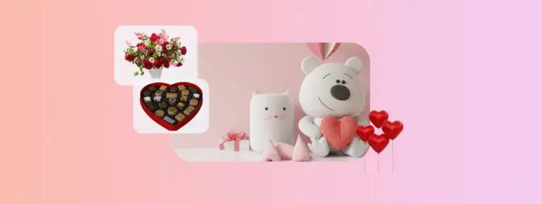 The image shows a cuddly teddy bear toy, a bouquet of red flowers, a box of chocolates and a bunch of heart balloons
