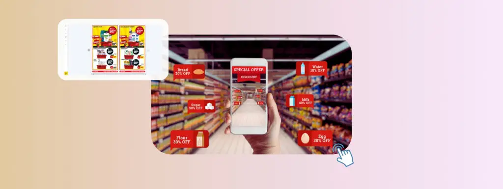 A smartphone showing a supermarket and using AR to highlight grocery discounts in a supermarket aisle with a retail catalog screenshot alongside