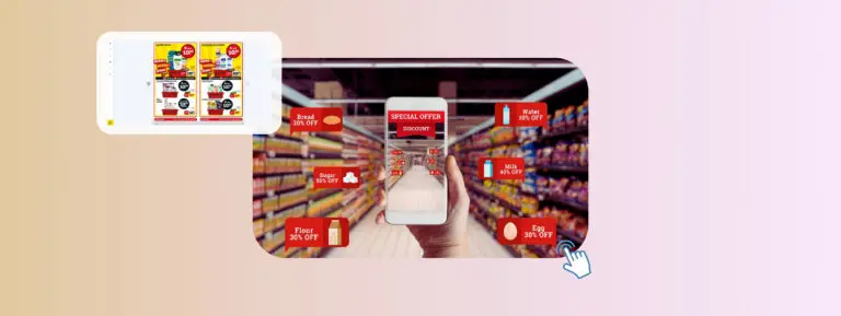A smartphone showing a supermarket and using AR to highlight grocery discounts in a supermarket aisle with a retail catalog screenshot alongside