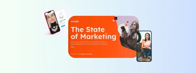 Image shows text saying the state of marketing alongside a phone screen showing a woman sitting down and another image showing a phone with a woman wearing a necklace