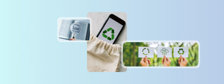 The image shows a sign showing the circular recycling symbol. a phone inside a recycled bag and test over a book reading laws