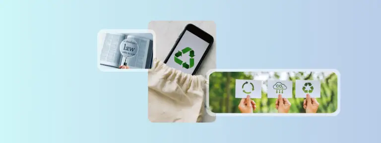 The image shows a sign showing the circular recycling symbol. a phone inside a recycled bag and test over a book reading laws