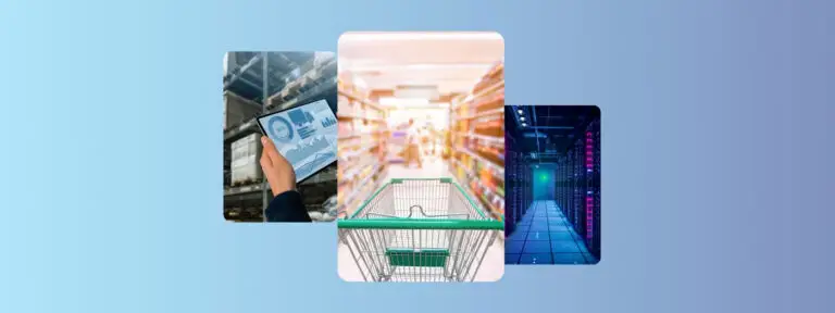Image shows a grocery cart in a supermarket next to a warehouse of data
