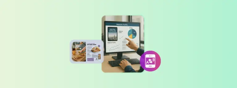 A composite image showing the concept of data-driven content optimization. On the left, there's a digital catalog page featuring a DIY bagel guide with images and text. In the center, a person is pointing at a desktop screen displaying website traffic analytics, including a pie chart and line graph labeled “Website Traffic” and “Revenue.” In the foreground, a pink icon with a mobile phone and "A/B" text suggests A/B testing.