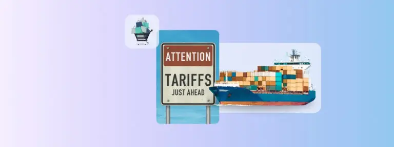 image shows a road sign that says attention tariffs ahead next to a container ship and a shopping cart
