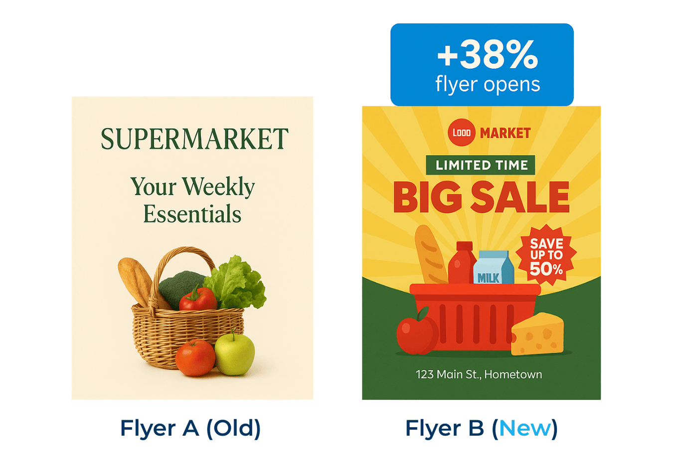 Two supermarket flyer covers side by side. The old version is simple with a produce basket and ‘Your Weekly Essentials’ text. The new version is bold and colorful with ‘BIG SALE’ and a '+38% flyer opens' label.