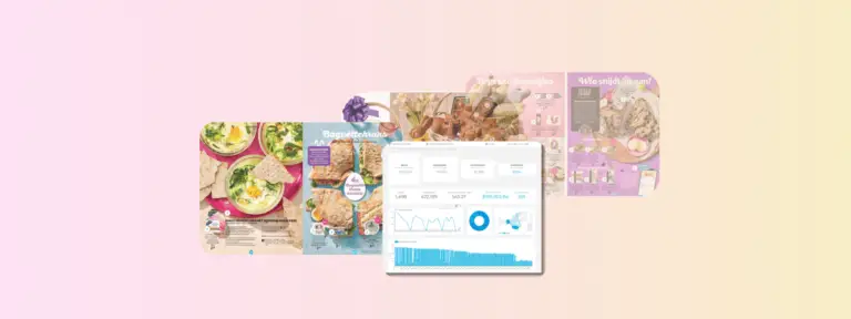 image shows a data dashboard in front of three easter catalogs