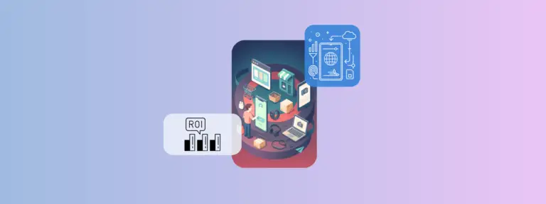 Illustration of an e-commerce ecosystem with a central isometric platform surrounded by shopping icons, tech gadgets, and ROI and digital catalog graphics, on a blue-to-pink gradient background