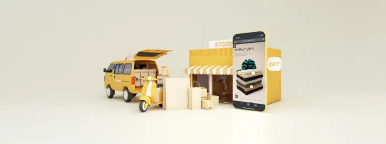3D scene of a storefront with delivery van and phone showing an online shop.