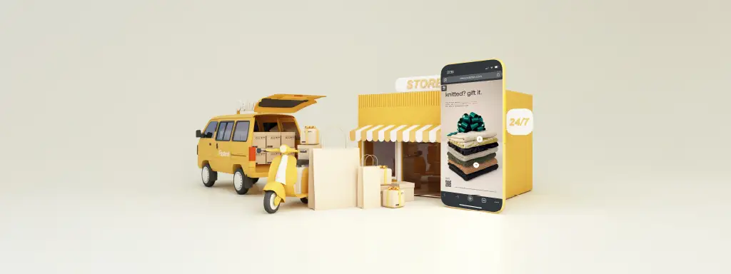 Scène en 3D d'une devanture de magasin avec camionnette de livraison et téléphone montrant une boutique en ligne.