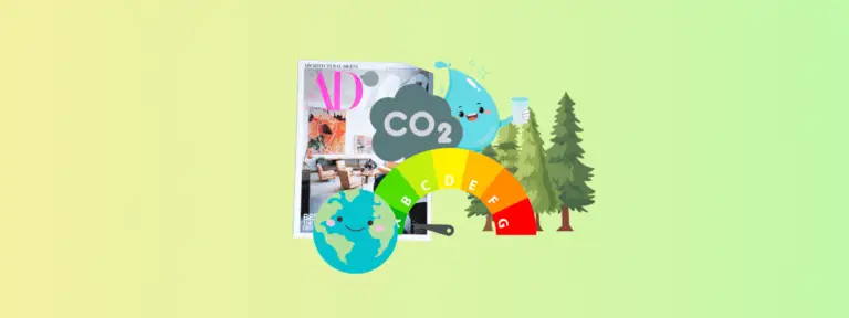 Image shows a combination of trees, water droplet, heat meter, co2 emissions and a paper magazine