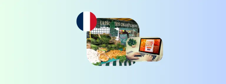 Hands using a laptop with promotions on the screen. A French outdoor market with fresh produce and mushrooms on display, under a sign reading 'Maison des Champignons'; a French flag price tag icon is placed on the left.