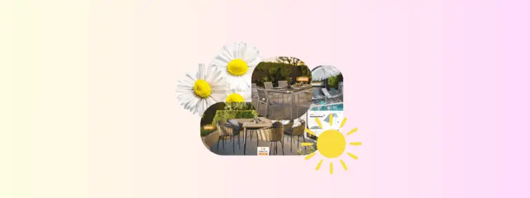 Collage of outdoor patio furniture with daisies and a sun icon on a pastel gradient background, evoking a spring or summer theme.