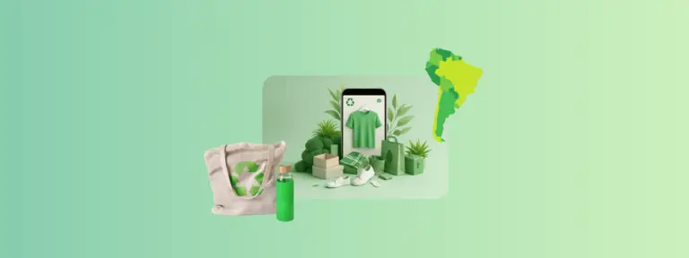 Eco-friendly shopping concept featuring a canvas tote bag with a recycling symbol, a reusable green water bottle, and a smartphone displaying sustainable clothing and packaging, with green plants and a map of South America in the background.