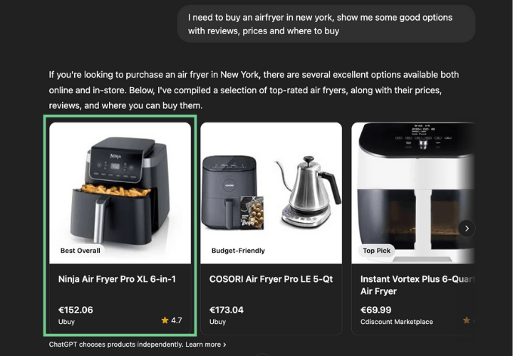 A Retailer’s Guide to ChatGPT Shopping: What It Is and How to Get Your Products Featured 1 image shows a selection of airfryers on the chatgpt shopping platform