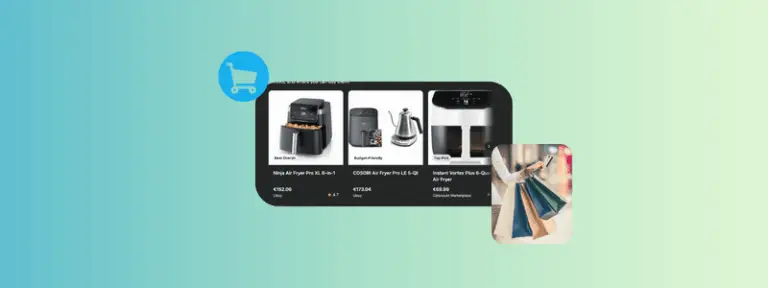 Image shows the chatgpt shopping platform and a woman holding shopping bags with a shopping cart graphic