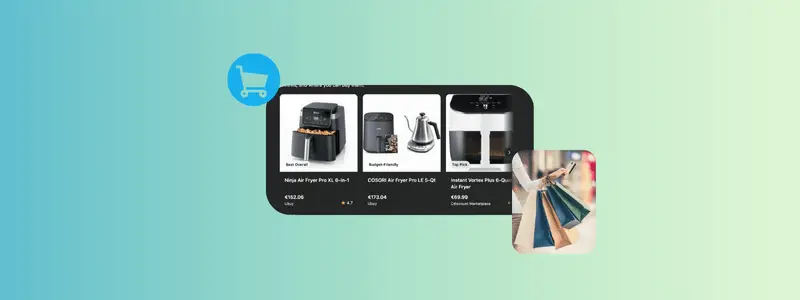 L'image montre la plateforme d'achat chatgpt et une femme tenant des sacs à provisions avec un graphique de chariot de supermarché.