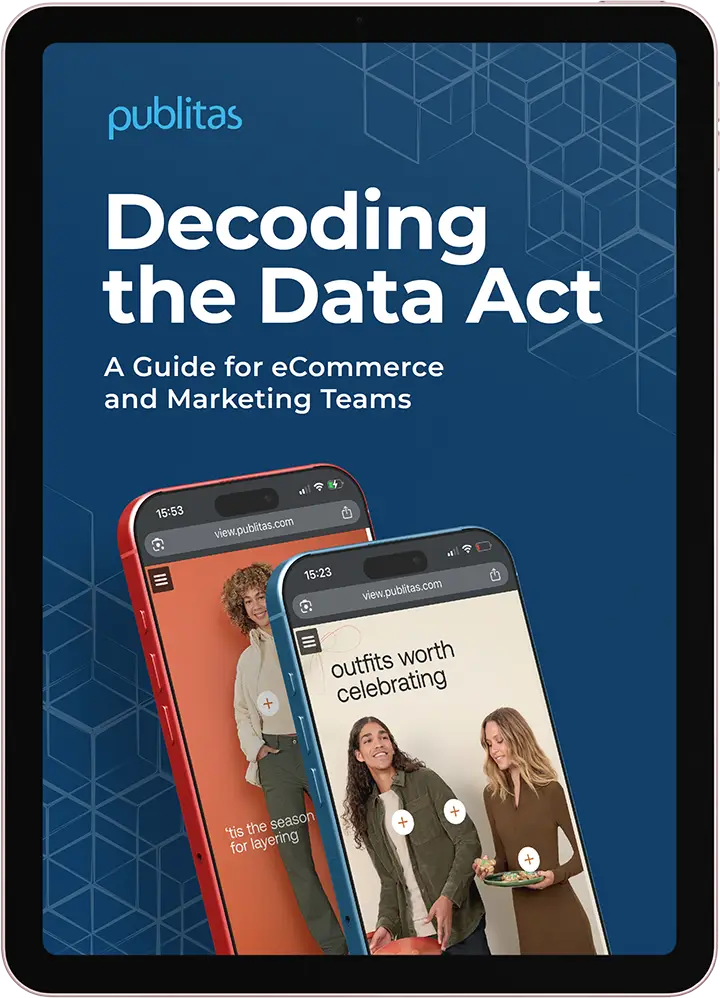 The cover of Publitas' Decoding the Data Act ebook. A navy blue background with blue and red phones showing a fashion catalog.