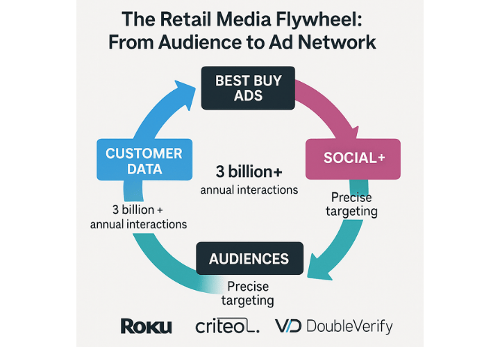 Content Is Commerce: How Best Buy Is Changing the Retail Marketing Game with Shoppable, User-Generated Content 2 A circular infographic titled "The Retail Media Flywheel: From Audience to Ad Network" showing the cycle between Customer Data, Best Buy Ads, Social+, and Audiences. Arrows connect each component, highlighting 3 billion+ annual interactions and precise targeting. Logos of Roku, Criteo, and DoubleVerify appear at the bottom.