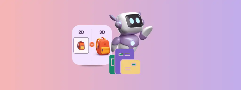 A group of retail tech updates including a 3D-rendered robot gestures toward a comparison graphic showing a 2D vs 3D illustration of a backpack. The 2D version appears flat and simple, while the 3D version is more realistic and detailed. Below the robot are colorful digital folder icons, all set against a gradient pink-to-purple background.