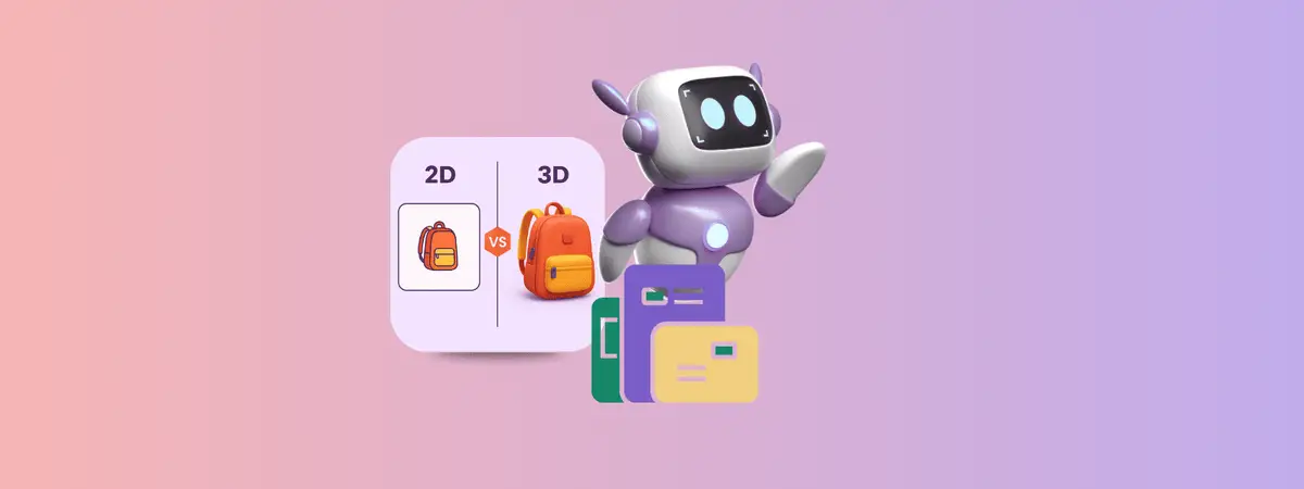 Een groep technische updates voor de detailhandel, waaronder een 3D-rendered robot, gebaart naar een vergelijkingsgrafiek met een 2D- vs. 3D-illustratie van een rugzak. De 2D-versie lijkt plat en eenvoudig, terwijl de 3D-versie realistischer en gedetailleerder is. Onder de robot staan kleurrijke digitale folderpictogrammen tegen een roze-paarse achtergrond met kleurverloop.
