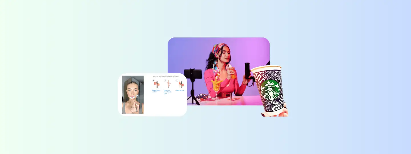 Een collage met voorbeelden van door gebruikers gegenereerde content: een vrouw die make-up aanbrengt in een video met klikbare producttags, een contentmaker die filmt aan een bureau met kleurrijke verlichting en een hand die een speciaal ontworpen Starbucks-beker vasthoudt - allemaal merkcontent die is gemaakt door alledaagse gebruikers of beïnvloeders.