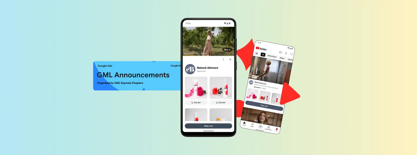 Google Marketing Live ad showing a skincare brand featured across mobile YouTube and shopping surfaces.