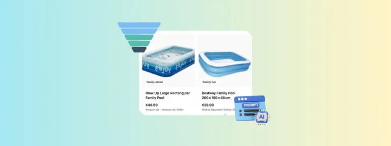 Two inflatable paddling pools with prices next to a marketing funnel and a graphic for an ai prompt