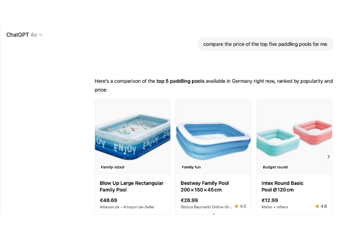 AI Shopping: 7 Surprising Ways It’s Changing Consumer Buying Behaviour 3 Three inflatable pools with prices alongside them in a comparison ai shopping chart on chatgpt