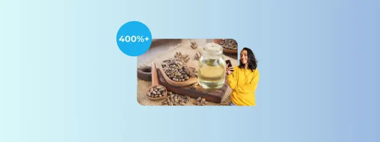 Image shows a bottle of olive oil with seeds next to it, a circle with 400%+ in text written across it and a woman in a yellow shirt on her phone