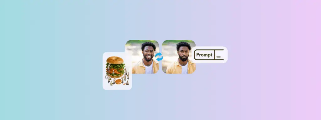 Image shows two pictures of a man side by side with different facial expressions, a salmon bagel and a sign saying prompt