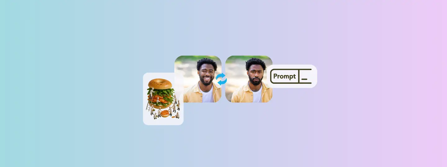 Image shows two pictures of a man side by side with different facial expressions, a salmon bagel and a sign saying prompt