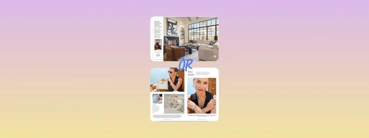 Image shows a single and double digital publication format for furniture and jewelry brands