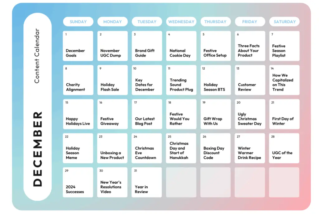 The 7-Step Holiday Season Guide for Smart Retail Campaigns 2 Image shows a holiday season guide content calendar for December