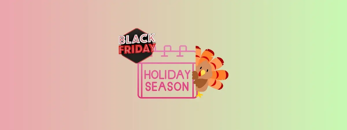 A imagem mostra uma faixa do Black Friday, um gráfico do calendário da época festiva e um peru do Dia de Ação de Graças