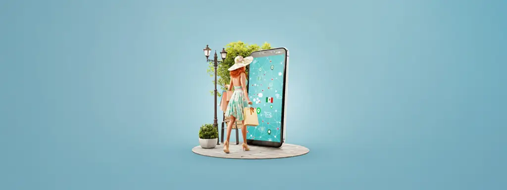 Woman holding shopping bags walking towards a phone (to represent ecommerce shopping).