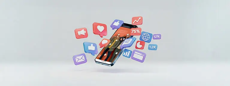 A page from a digital catalog on a mobile phone, surrounded by many social and marketing related icons.