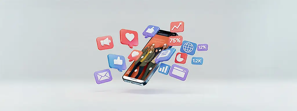 A page from a digital catalog on a mobile phone, surrounded by many social and marketing related icons.