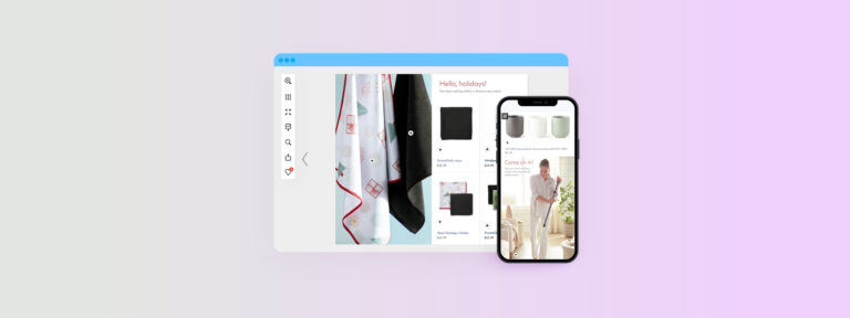 Brochure design software interface showing a digital brochure on desktop and mobile
