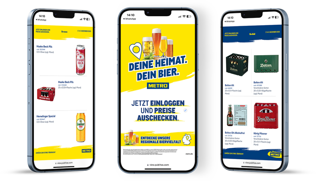 three pages from metro digital catalog on mobile Publitas