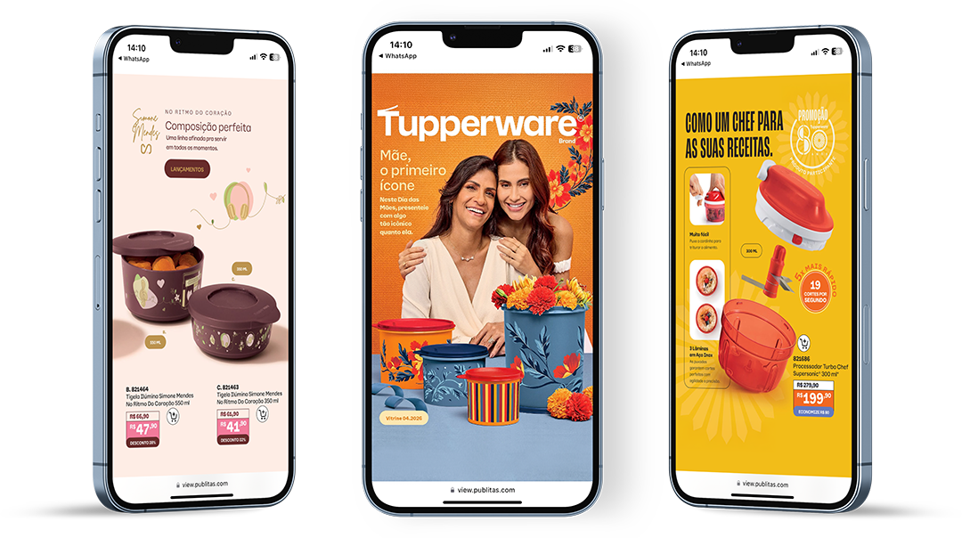 three pages from tupperware catalog on mobile Publitas