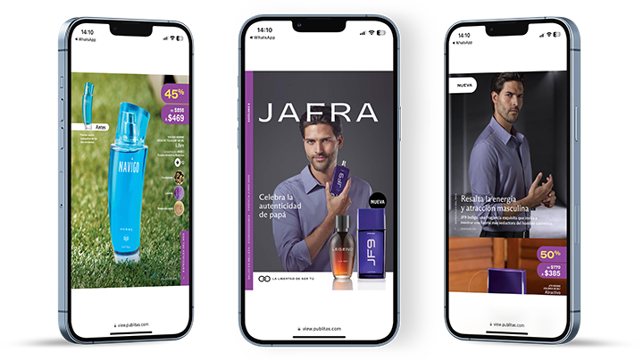 Tres páginas del catálogo digital de Jafra en el móvil 720 Publitas
