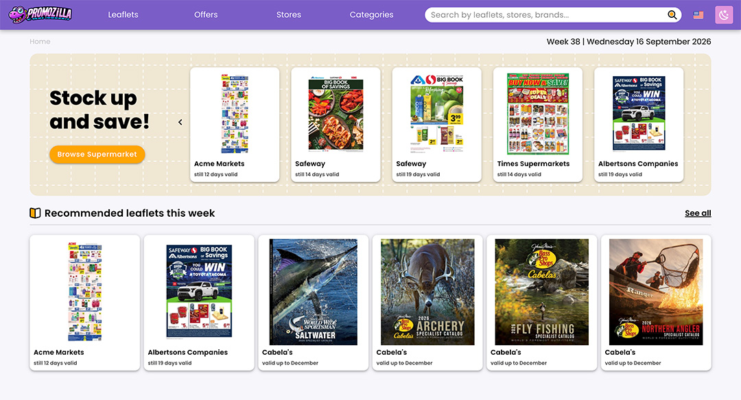 Promozilla leaflet overview with recommended leaflets and offers from various supermarkets. Stock up and save!